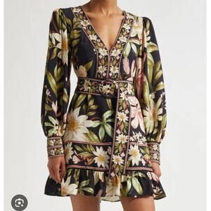 Farm Rio Surreal Flowers Belted Minidress Long Sleeve Puff Sleeve Boho M